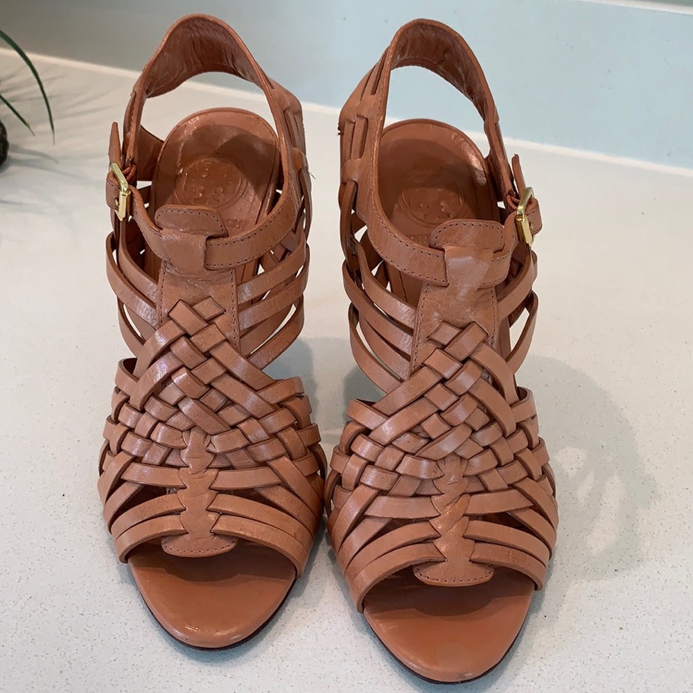 Camel leather high heeled sandals Tory Burch